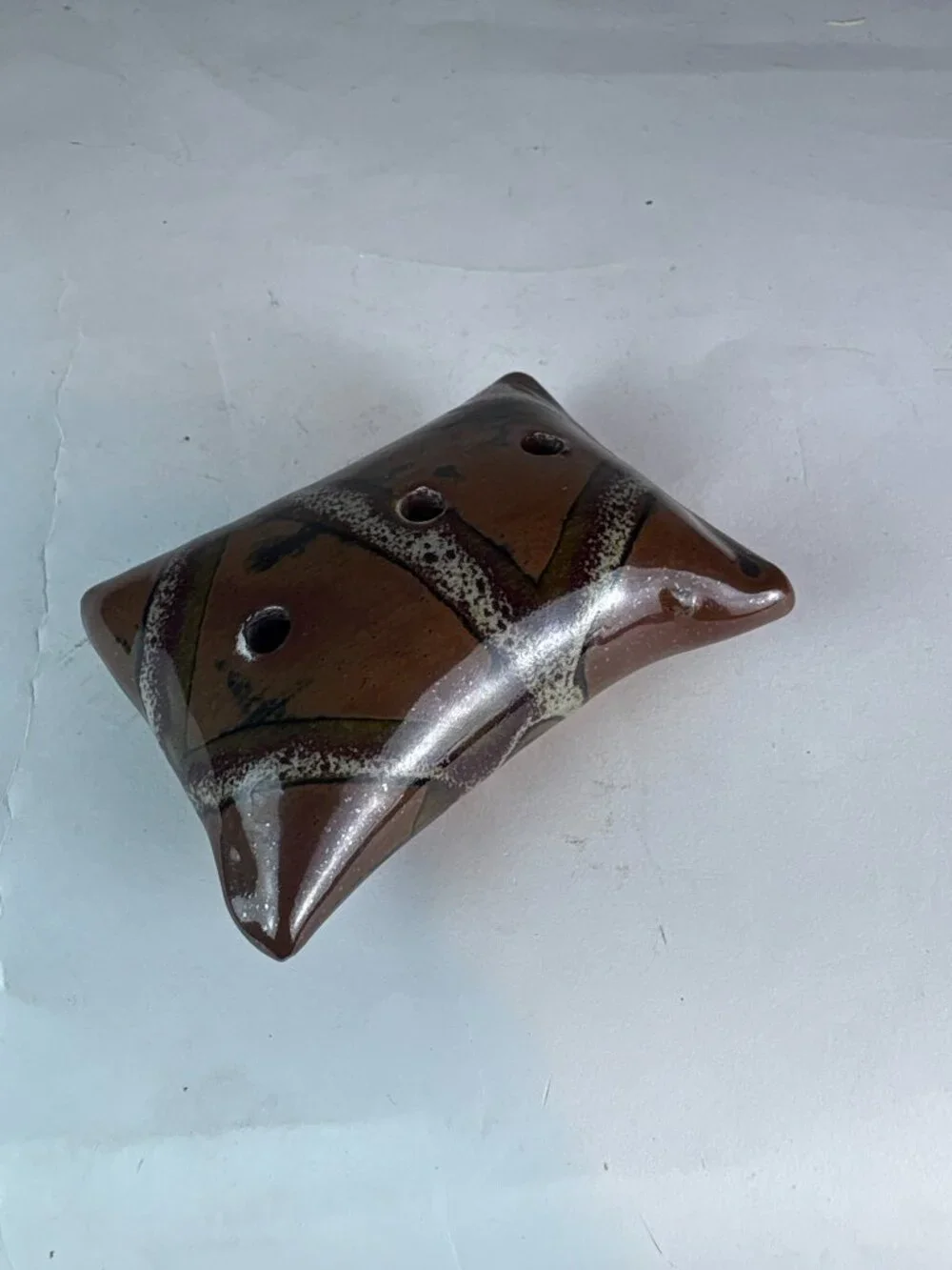Vintage Studio Pottery Flower Frog Vase, Abstract Tree Design, Three Hole Ikeban